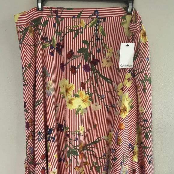 NEW CALVIN KLEIN Red Striped Floral Midi Retro Vintage Skirt Size Large woman’s - Picture 2 of 6
